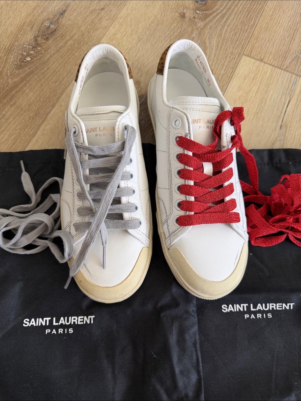 New SAINT LAURENT YSL Court Classic Leopard Appliqued Distressed Sneakers 36.5